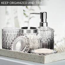 5-Piece Diamond-Cut Glass Bathroom Accessories Set, Includes Soap Dispenser, Soap Dish, Toothbrush Holder, Tumbler & Cotton Swab Jars, Modern Crystal Decor For Bathroom - Housewarming Gift - 透明漸變 - 查看 6