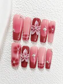 10pcs Romantic French Press-On Nail Stickers, Acrylic Nail Art Set, Handmade 5-Petal Ombre Red Flower, Silver Sparkle Nail Accessories, Silver Round Rhinestone Decor Design, Red 5-Petal Printed Nail Art Decorations Nails Nail Supplies Handmade Press On Nails - Multicolor - View 18