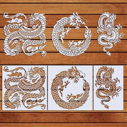 Bộ 3 khuôn vẽ hình rồng - Thích hợp cho tranh tường, áo thun, trang trí nhà cửa, vẽ tranh, thủ công mỹ nghệ, hoàn hảo cho vẽ, phun sơn và graffiti. Khuôn vẽ PET màu trắng sữa.