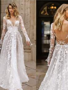 Wedding Dresses Glamrae Dress Petal Embroidery Mesh Long Sleeve Deep V Neckline Dress Sexy Lace Long Sleeve Dress Evening Dress Prom Party Dinner Elegant Dress Sparkly Dress Vestidos Elegantes De Mujer Formal Gowns For Women Evening Elegant - 白色 - 查看 3