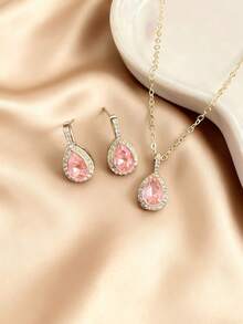 一套优雅水滴形粉色微镶嵌立方氧化锆项链和耳环，奢华复古设计，高端优雅珠宝套装，适合女性，宴会、派对、日常佩戴、节日等场合。 - 粉色 - 查看 5
