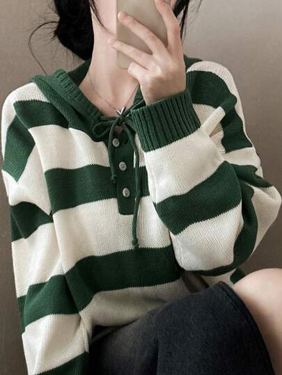 Contrast Color Hooded Striped Loose Knit Casual Pullover Sweater For Women