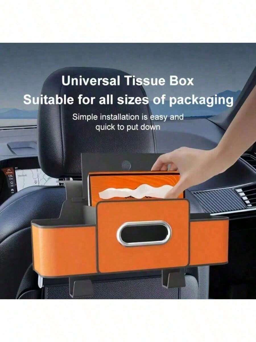 这款多功能汽车座椅靠背收纳袋配有纸巾盒、可调节挂钩和双层储物空间，可放置零食/饮料。采用ABS和优质树脂制成，这款小巧的收纳袋有助于保持您的爱车整洁有序。