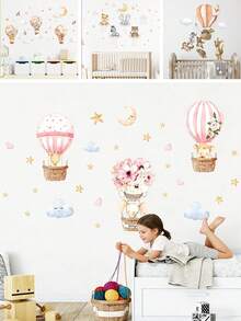 BRUP 1张可爱卡通动物热气球儿童墙贴，可移除，适用于婴儿房、游戏室装饰，带有梦幻云朵、星星、月亮和花朵图案。 - 彩色 - 查看 1