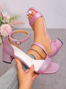 2026 New Round Toe Chunky Heel Strap Rhinestone Buckle Sexy Women Sandals - Pink - View 1