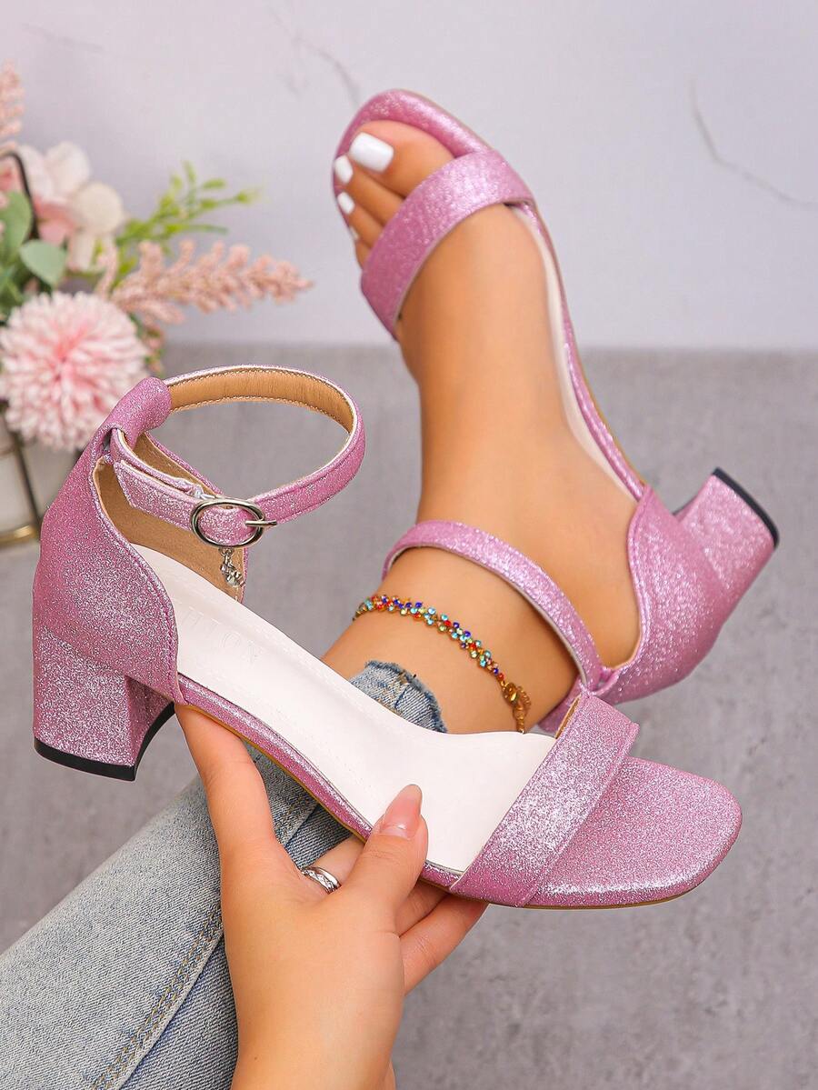 2026 New Round Toe Chunky Heel Strap Rhinestone Buckle Sexy Women Sandals - Pink - View 1