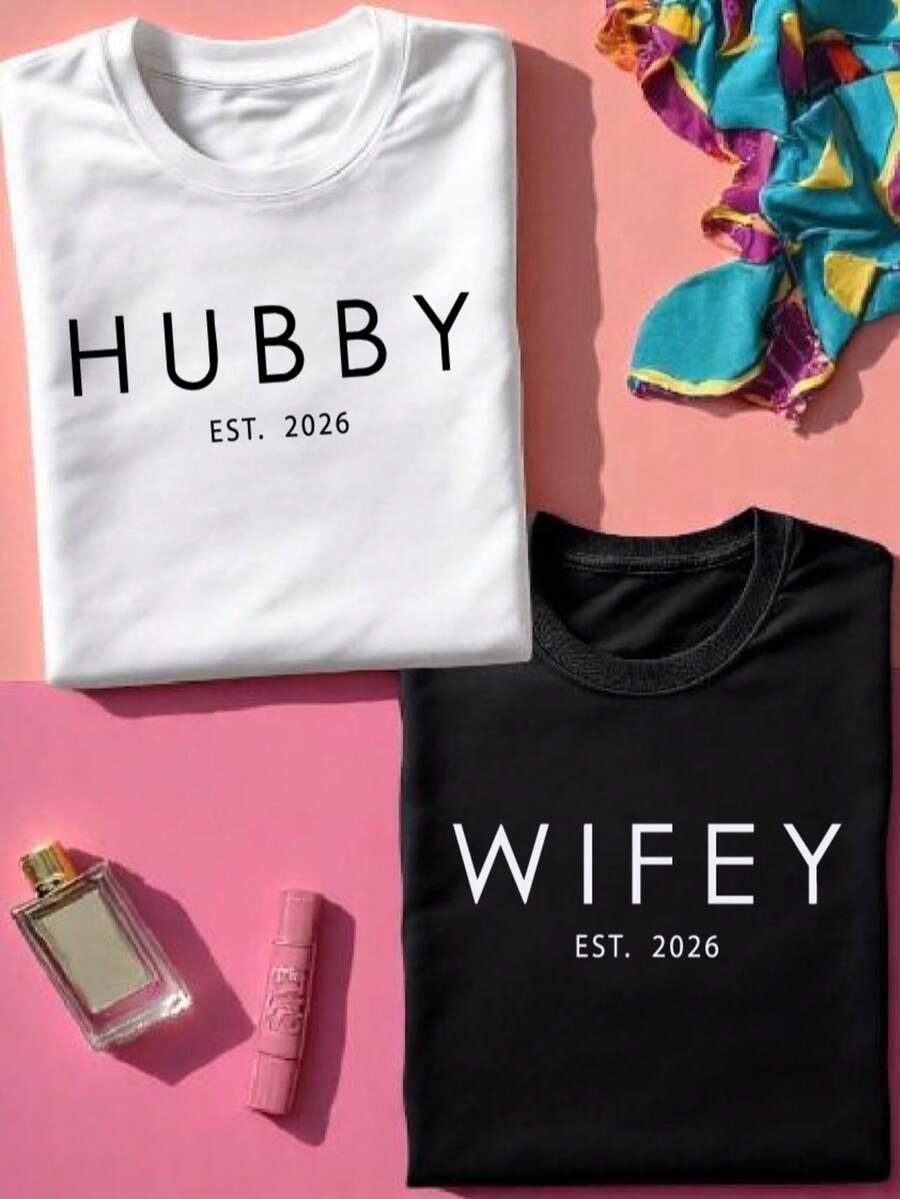 1PC Hubby Wifey Cute Shirt, Partners Comfit Matching Tees, Tshirt For Husband Wife, Couples Matching Shirts, Tshirt For Anniversary, Honeymooners T-Shirts JF877 - 白人丈夫 - 查看 1