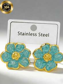 1/2/4/5/9-Piece Sets, Stainless Steel Enamel Flower/Bow Stud Earrings. Flower Designs Include Five-Petal Blooms And Four-Leaf Clover Shapes, Available In Black, Pink, Lake Blue, Bright Red, And White. - Multicolor - View 11