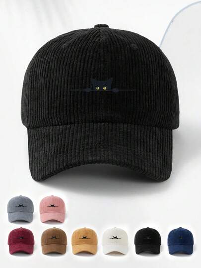 1 Peça Boné de Beisebol de Veludo Retrô Unissex com Bordado de Lua Crescente e Gato, Circunferência Ajustável, Casual, Corrida, Esportes, Férias, Atividades ao Ar Livre, Essencial para Entusiastas, Outono/Inverno