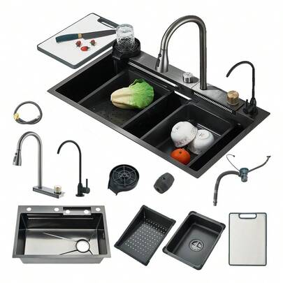 Saetow Fregadero de Cocina con Cascada de 80 x 46 cm, Acero Inoxidable 304 Negro, Grifo Monomando con Cascada, Fregadero de Cocina Familiar de un Solo Seno con Accesorios Completos