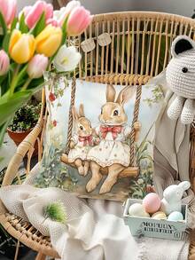 1个复活节抱枕套，18*18英寸，兔子一家和花卉图案，节日氛围浓厚，涤纶材质，农舍风格，非常适合沙发、客厅、卧室等家居装饰，不含枕芯，复活节装饰，春季主题派对用品