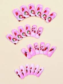 24片情人节粉色奶油水果图案假指甲 草莓牛奶短方形按压式指甲 - 粉色 - 查看 3