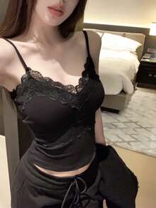 蕾丝V领性感吊带背心，女士春夏款，带胸垫，露背，修身打底衫 - 黑色 - 查看 1