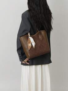 Túi xách thanh lịch, túi đeo vai, kiểu dáng tối giản thời trang với họa tiết da cá sấu dập nổi, khăn choàng sang trọng, túi công sở, dung tích lớn, màu cà phê. - Cà phê - Xem 6