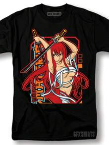 Waifu Anime Shirt Erza Scarlet Cosplay Manga Gamer Graphic T-Shirt - màu đen - Xem 1
