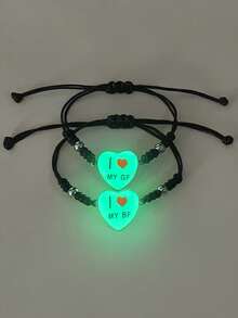 ATLVXJL 2pcs/Set Glow-In-The-Dark Friendship/Couple Heart Letter Beaded Braided Bracelet Set, Suitable For Daily Wear And Valentine's Day Gift - Multicolor - View 1