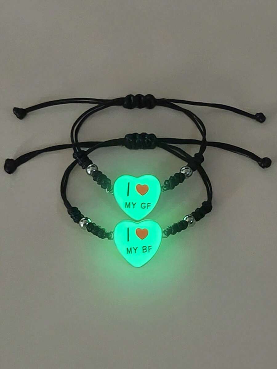 ATLVXJL 2pcs/Set Glow-In-The-Dark Friendship/Couple Heart Letter Beaded Braided Bracelet Set, Suitable For Daily Wear And Valentine's Day Gift - Multicolor - View 1
