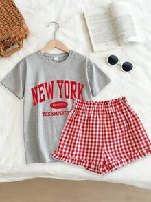2pcs/Set Teenage Girls Casual Slogan Print Round Neck Short Sleeve T-Shirt + Red Plaid Shorts Cute & Comfortable Summer New Outfit - Multicolor - View 1