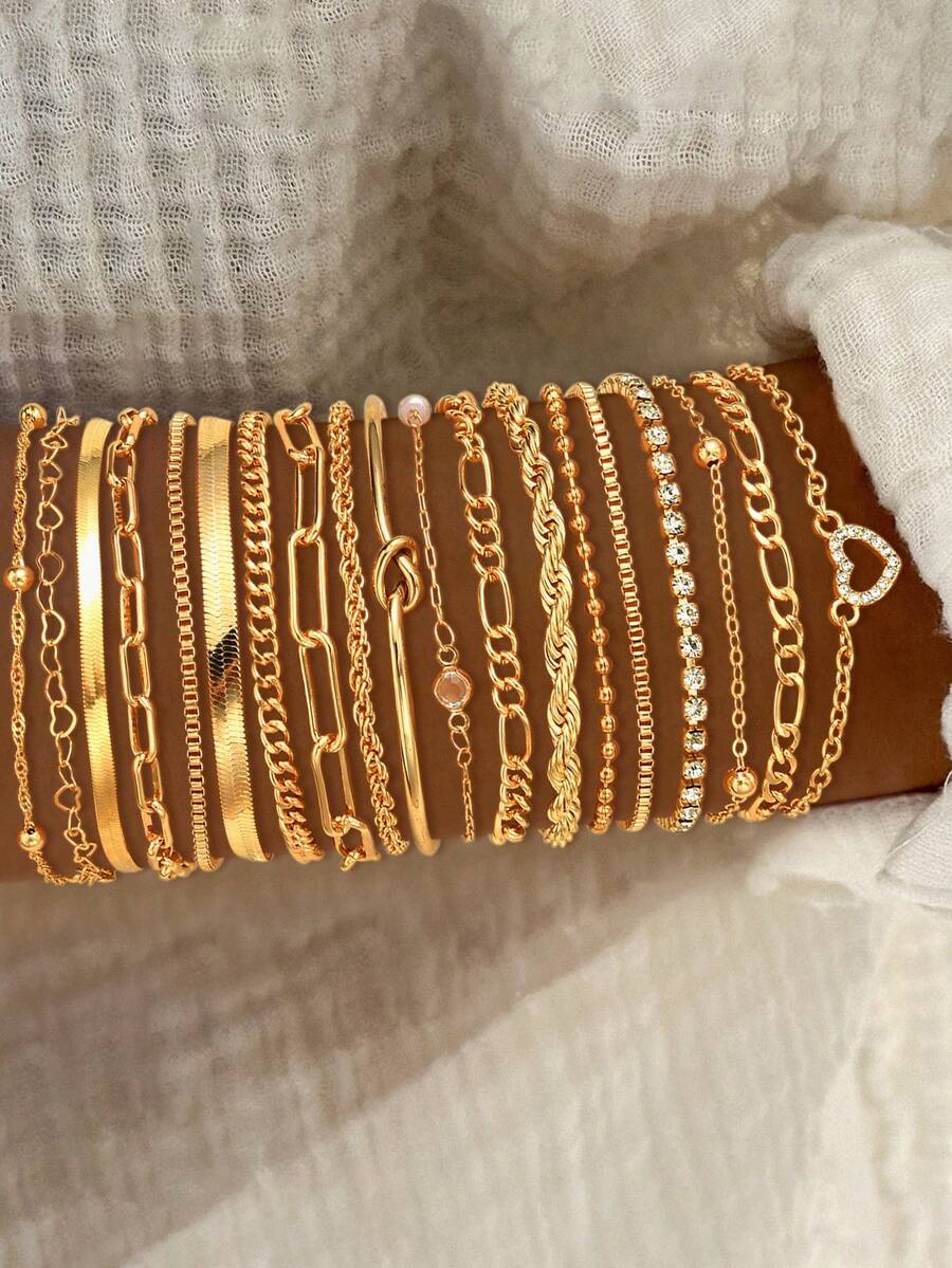 19/9件套时尚、优雅、精致、复古、几何、心形、水晶、闪亮、串珠、扭结、链条、镂空、蛇骨、编织、盒式、金属、简约风格手链套装，适合节日、派对、约会、送礼、日常佩戴 - 金黃色 - 查看 1