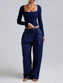 XLLAIS Áo thun dài tay dáng rộng mùa xuân/hè 2026, chất liệu co giãn cao cấp, hai lớp, cổ tròn, màu trơn. - Xanh đậm - Xem 4