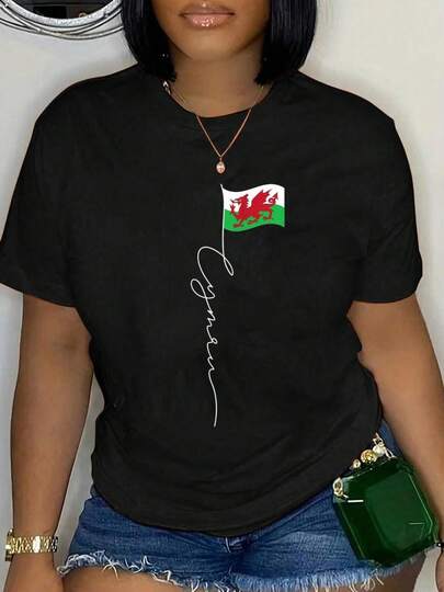100% Cotton Wales Cymru Signature Flag Pole - Patriotic Welsh Flag T-Shirt Short Sleeve Round Neck Casual Top For Summer & Spring, Women's Men's Graphic Tee
