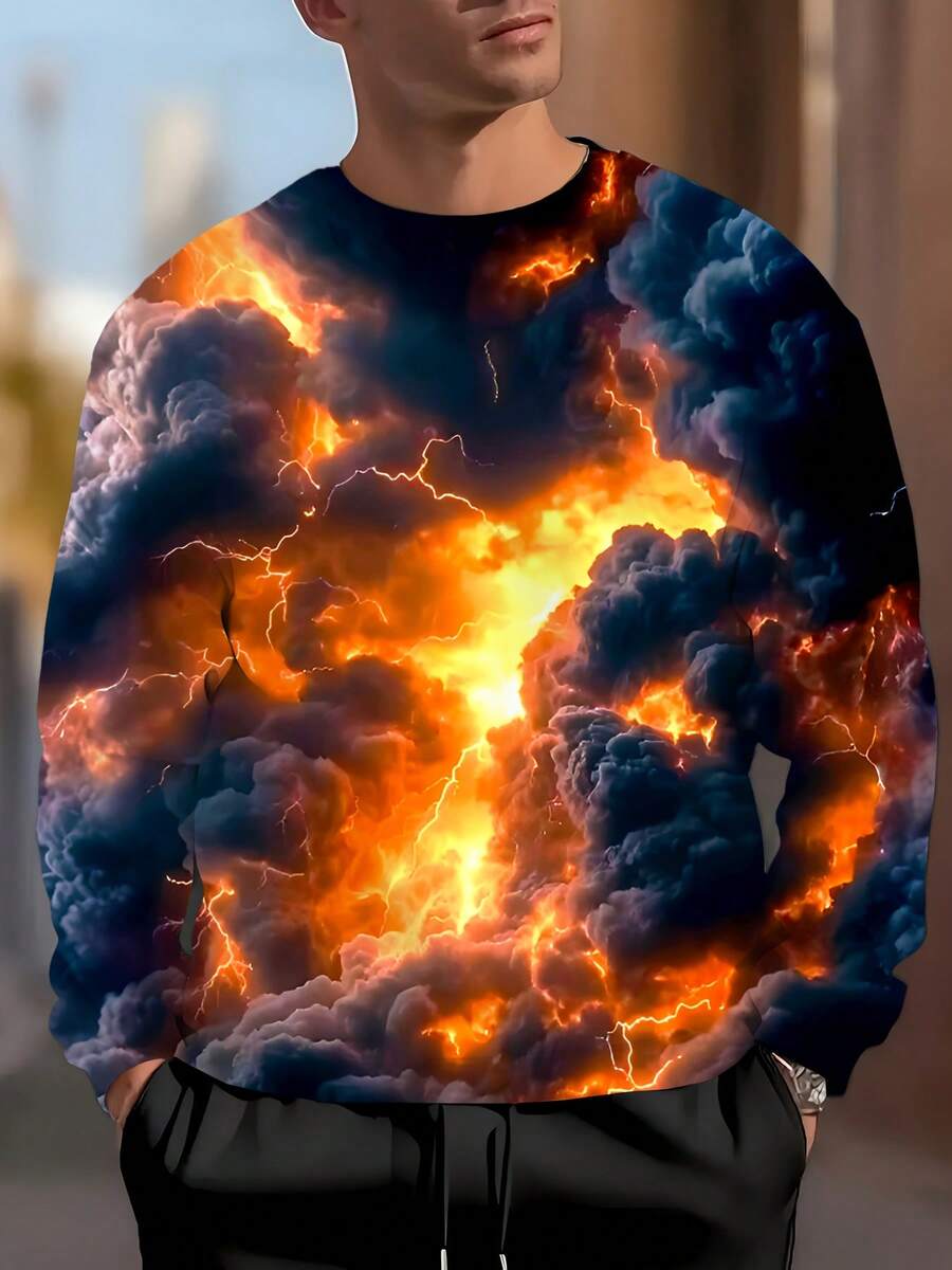 Men's Sweatshirt, Men's Crew Neck Sweatshirt, Fashionable Men's Casual Crew Neck Pullover, High Street Dark Apocalyptic Flame And Lightning Pattern Print, Christmas Gift,  Gift, Loose Fit, Slightly Elastic, Knitted Fabric, Sweatshirt, Comfortable And Fashionable, Gym, Streetwear, Cheap, Golf, Outdoor, Football, Basketball, Baseball, Fitness, , Machine Washable, All-Season Comfortable - Mixed Colors - View 1