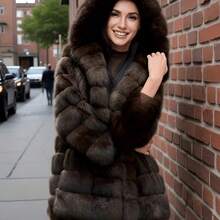 Women'S Elegant Faux Fur Coat - Mid-Length Winter Jacket With Front Closure, Flared Hem & Long Sleeves, Non-Stretchy Fabric For Formal & Everyday Outfits, Winter Jacket For Women, Winter Coat For Women, Winter Coat Women, Winter Coat Women - Dark Brown - 查看 2