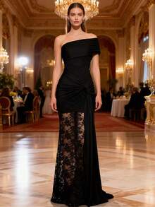 UNITHORSE Asymmetric Neck Short Sleeve Cinched Waist Twist Decor Mesh Fabric Elegant Evening Dress - Black - View 2