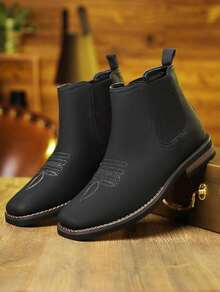 [Plush Lining] Men's Western Embroidered Chelsea Ankle Boots, Elastic Side Panels Square Toe Faux Leather Non-Slip Wear-Resistant Sole Casual Business Dress Boots For Office Work Daily Commute Fall Winter Wear - 深黑色[加絨] - 查看 2