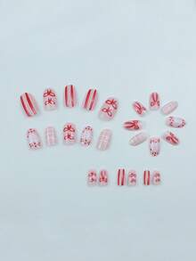 24pcs Valentine's Day Nail Art Set: Oval Shaped Press-On Nail Stickers In Red & Pink Heart, Grid, Bow, Heart Polka Dot, Stripe Patterns. Acrylic Press-On Nail Stickers Suitable For Short Nails, Can Be Used For Acrylic Nails, Red Nails, Pink Nails, Ideal For Nail Decoration. Suitable For Women's Dates, Parties, Enhancing Personal Charm! - View 4