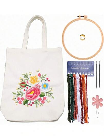 EstiloTendenciaKit De Bordado Para Bolsa De Lona Con PatróN Para Principiantes. Kits De Manualidades De Bordado DIY Para Adultos. Incluye Instrucciones, Dedal, Bastidores De Bordado E Hilos De Colores (CR002 Jinxiumixiang)Calidad PremiumVersióN Mejorada