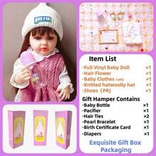 22英寸全身软胶重生娃娃，55厘米（时尚两件套服装+帽子）公主幼儿娃娃，艺术娃娃，女孩生日礼物，圣诞礼物，家居装饰 - 棕色嘟嘟粉紅兩件套 - 查看 5