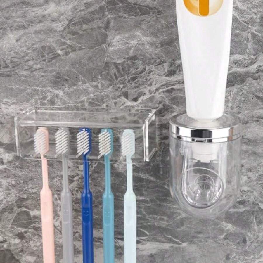 5 Slots Wall Mount Toothbrush Holder With Cover Self Adhesive Toothbrush Storage Organizer For Shower Toothbrush Hanger With Automatic Toothpaste Squeezer Dispenser - 清晰組合 - 查看 1