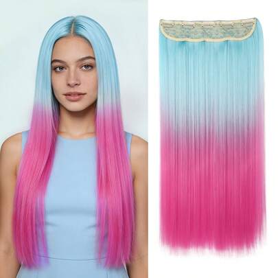 Synthetic Clip In One Piece Hair Extensions Ombre Sky Blue To Hot Pink 22inch Colorful Clip In Hair Multi Styles Straight/Wavy/Water Wave For Women Girls Daily Party Holiday