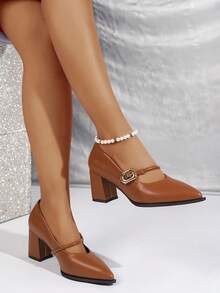 Women's Solid Color Ankle Strap Chunky Heel Pointed Toe Brown High Heels, Versatile & Comfortable Dress Shoes - Brown - View 5