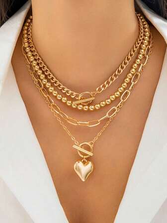 1 pieza Conjunto de collar con cuentas de corazón dorado minimalista, diseño exagerado y versátil de alta gama con cadena gruesa y multinivel para mujeres