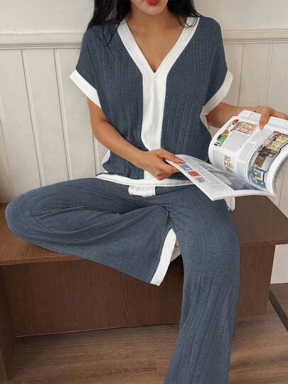 2pcs Women's Loose Ribbed V-Neck Top + Pants Set, Contrast Trim, Comfortable Loungewear, Spring/Summer
