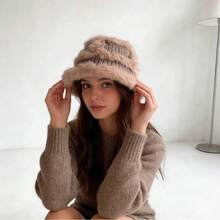 秋冬兔毛针织帽，新款大耳罩保暖帽，宽松加厚保暖渔夫帽，可爱蓬松女士渔夫帽 - 彩色 - 查看 9