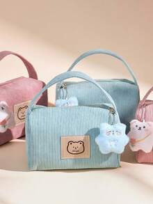 彩色灯芯绒化妆包，灯芯绒小熊收纳包，便携式手提小熊化妆包，可爱女孩手提包，旅行洗漱收纳包，适合作为生日、母亲节、圣诞节和伴娘婚礼礼物，旅行洗漱化妆包，化妆间装饰 - 查看 3