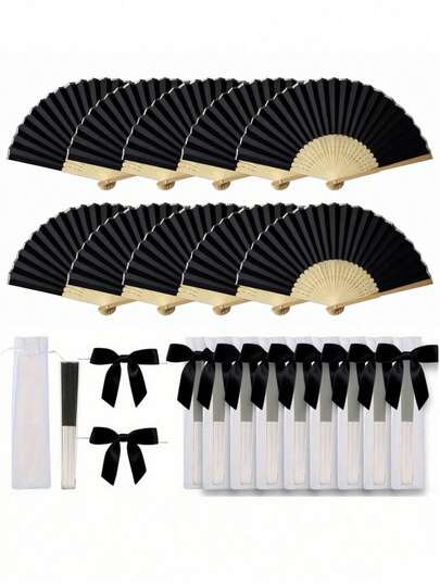 3-60pcs/Set Elegant Folding Hand Fan Set, Includes Bow Tie And Gift Bag, Bride's Bamboo Handheld Fan, Suitable As Bridesmaid Gift And Wedding Decor, Perfect For Parties, Events, And Summer Accessory