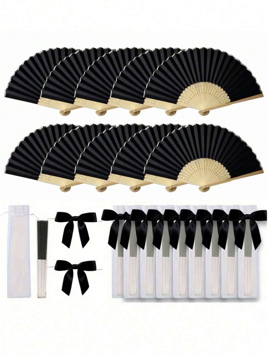 3-60pcs/Set Elegant Folding Hand Fan Set, Includes Bow Tie And Gift Bag, Bride's Bamboo Handheld Fan, Suitable As Bridesmaid Gift And Wedding Decor, Perfect For Parties, Events, And Summer Accessory - Black - View 1