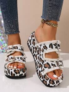 Women's Leopard Print Platform Slide Sandals With Tassel Trim, Chunky Sole, Fashionable Summer Slip-On Slippers For Commuting And Vacation, Versatile - Black and White - View 3