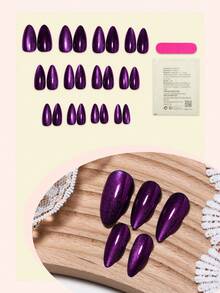 24片猫眼亚克力美甲贴纸，中号杏仁形，简约Y2K风格，表面光滑，全覆盖，适合女性和女孩日常佩戴美甲用品 - 紫羅蘭色 - 查看 3