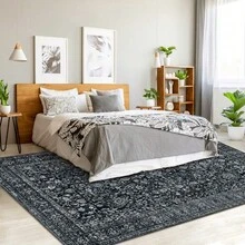 Boho Print Washable Rugs Non Slip Low Pile Vintage Floral Traditional Carpet For Living Room Bedroom Kitchen Dining, Black - 黑色 - 查看 1