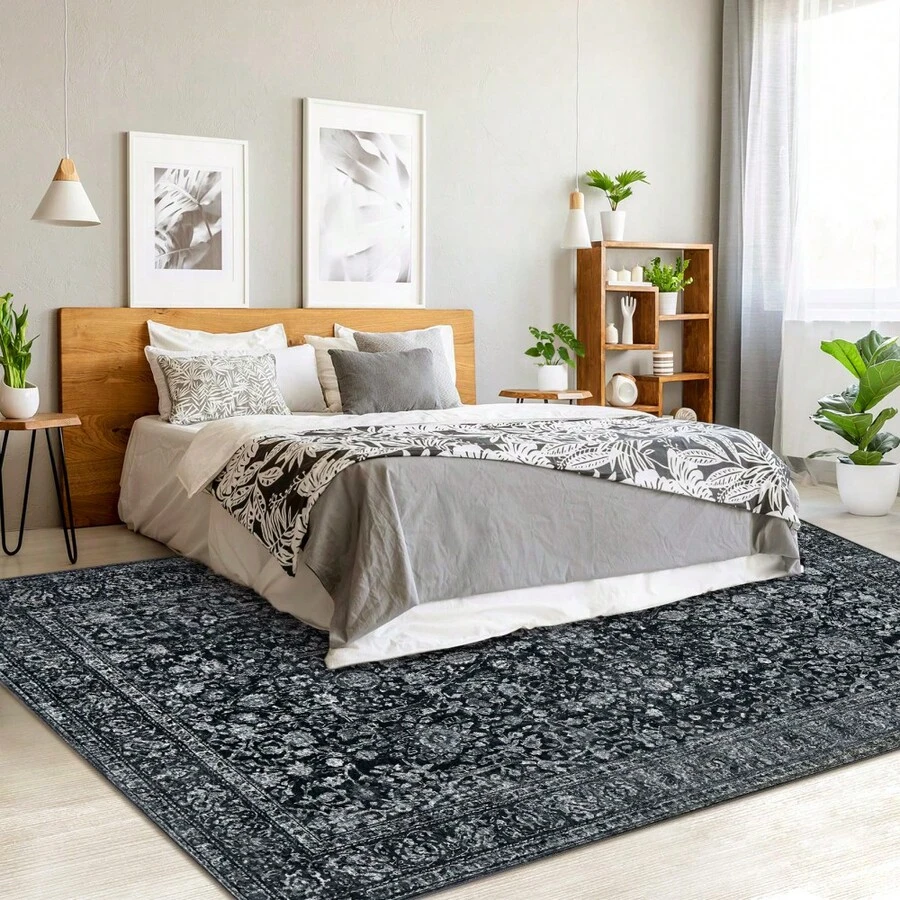 Boho Print Washable Rugs Non Slip Low Pile Vintage Floral Traditional Carpet For Living Room Bedroom Kitchen Dining, Black - 黑色 - 查看 1