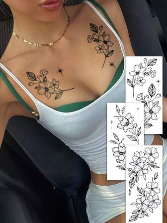 3张大号人体彩绘临时纹身贴纸，黑色花朵、星星和树叶图案，专为女性设计。防水仿真纹身，可持续2-5天，可用于手臂、颈部、肩膀、胸部、腰部、腿部和背部。易于粘贴和去除，适合婚礼、节日、派对、送礼、度假和音乐节等场合。