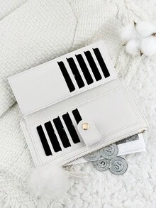 With A Pom-Pom Charm,White Fold Over Long Wallet Women Fashion Modern Business Slim Portable Versatile Large Capacity Credit Card Zipper ID Card Money Cash Storage Business Casual Perfect School College Work Business Commute Teachers' Day Back To School Holiday Office Anniversary Lover For Birthday Gift Women White-Collar Workers College Student,Bag School Supplies For School Dorm Room & Back To School