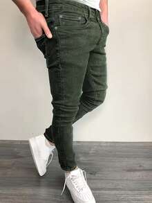 Men's Stretch Slim Fit Jeans - Slim Fit With Distressed Hem, Mid-Rise And Tapered Design, Non-Sheer And Versatile For All Seasons - Machine-Washable Imitation Jeans - 綠色 - 查看 3