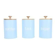 Set Of 3 Airtight Iron Canisters With Lids - Multifunctional Jars For Tea, Coffee And Sugar - Elegant Blue Design - Baby Blue - View 2