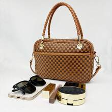 Vegen Leather Checkered Crossbody Bag For Women Small Cute Vegan Leather Purses Boho Shoulder Plaid Handbags Top Handle Satchel Bag Wide Strap Woven Bum Bag |   Stylish Woven Crossbody Bag Adjustable Strap For Travel Festivals & Everyda PU Leather Checkered Clutch Purses Underarm Shoulder Handbag - 杏白格子 - 查看 11